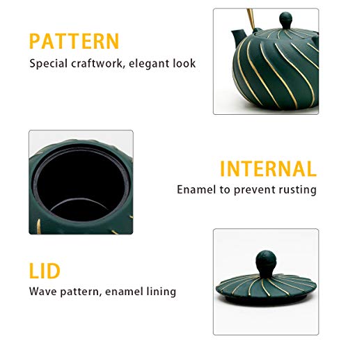 Tea Kettle, TOPTIER Japanese Cast Iron Teapot with Infuser, Stovetop Safe Cast Iron Tea Kettle, Wave Design Cast Iron Teakettle Coated with Enameled Interior for 30 oz (900 ml), Green - Thumbnail 6