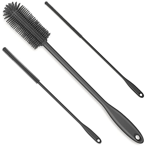 Image of Purtribe 3-in-1 Silicone Bottle Brush and Straw Cleaning Brush Set, Water Bottle Cleaner for Narrow Neck Containers, Tumblers, Flask, Vase and Glassware (Charcoal)