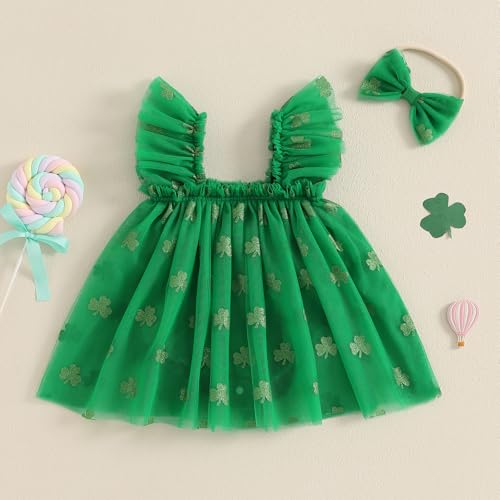 Nokpsedcb St Patricks Day Baby Girl Outfit Cute Shamrock Print Sleeveless Square Neck Party A-Line Dress (Green Shamrock, 0-3 Months)