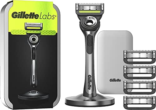 Gillette Labs - Maquinilla de afeitar en húmedo para hombre, con elemento de limpieza, estuche de viaje para almacenamiento y 5 cuchillas de afeitar, regalo para hombres, base magnética premium, 1