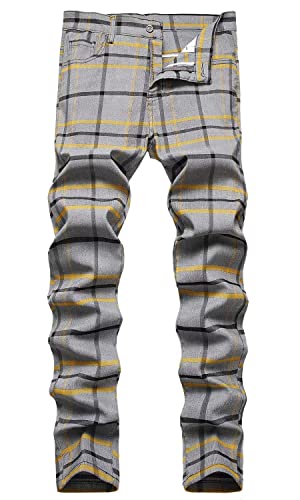 HENGAO Men's Plaid Pants Casual Skinny Stretch Slim Fit Chino Dress Pants, T- Silver Grey, 28