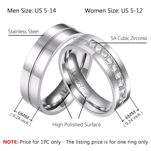 His & Hers Couple Ring Promise Ring Stainless Steel Couple Wedding Engagement Bands Cubic Zirconia CZ Band for Women Men Lovers Matching Princess Cut Bridal Jewelry Gifts Comfort Fit Size 5-142