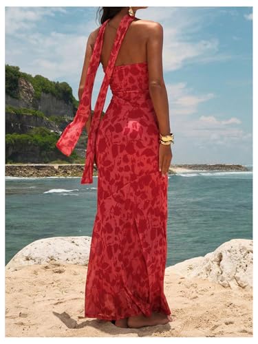 GORGLITTER Women's Floral Mesh Strapless Bodycon Maxi Dresses Halter Backless Wedding Guest Long Tube Dress with Scarf3