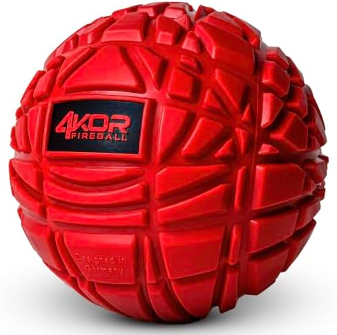 4KOR Fitness Massage Ball for Deep Tissue Myofascial Trigger Point Release, Physical Therapy, and Muscle Relief - 1 Grippy Mobility Roller Ball - Large 4.75 Inch Red Fireball