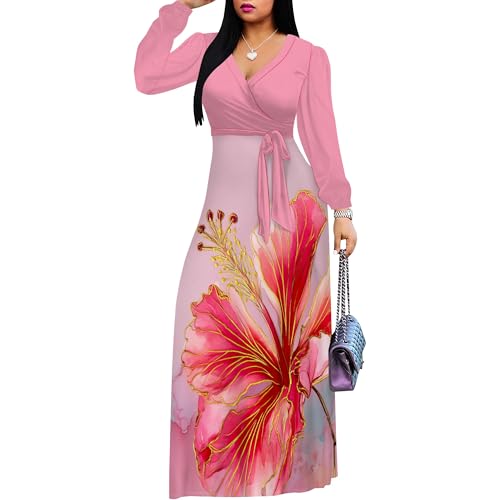 Image of Women's Plus Size Maxi Dresses Long Sleeves V Neck Floral Print Bohemian Swing Long Dress with Belt