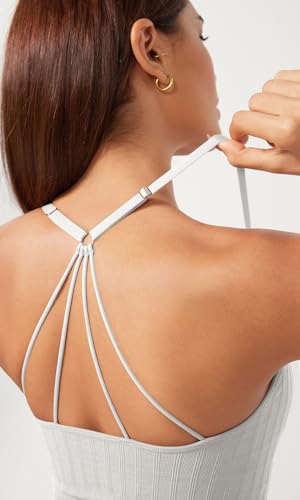 Image of ODODOS Seamless Padded Sports Bra for Women Strappy Longline Wirefree Brami Ribbed Crop Tank Tops, White, Medium-Large