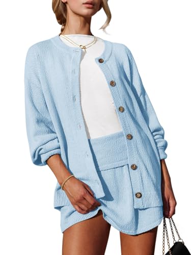 Image of Tankaneo 2 Piece Sweater Sets for Women Long Sleeve Cardigan Outfits Mini Skirts Knit Matching Lounge Set