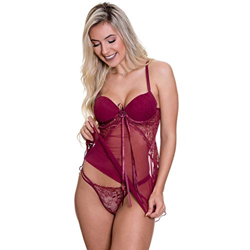 Camisola Vinho Transparente em Renda e Tule com Bojo Graziela - MS1717