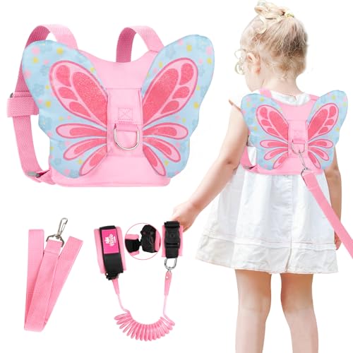 Lehoo Castle Toddler Leash for 1-5 Years, Baby Safety Harness for Girls with Anti-Lost Key Lock & Adjustable Strap, 3-in-1 Wrist Leash and Kids Backpack Harness for Walking Travel (Pink Butterfly)
