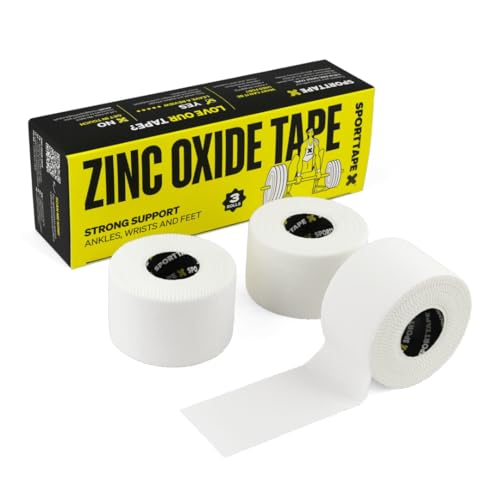 SPORTTAPE Zinc Oxide Sports Tape 3 Rolls - 3.8cm x 10m | Rigid Strapping & Athletic Physio Tape | Ankle Foot & Wrist Support | Blister Prevention for Rugby Football Gym & Weightlifting Injuries