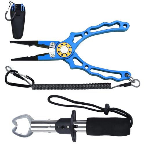 TMZDCJK 4-Piece Set Corrosion Saltwater Resistant Fishing Tools,Multi-Function Aluminum Fishing Plier with Innovative Ergonomical Handle,Fishing Gifts for Men(Blue)