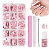 BUTBU 240 Piezas Uñas Postizas Francesas Cortas, Uñas Postizas Francesas, Conjunto Completo De Uñ-as Falsas Estilo De Pegado, con Pegamento, para Salones Uñ-as, Manicuras DIY(Medio Largo-Ballet)
