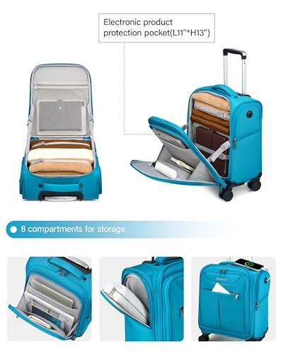 Image of Hanke 45CM Small Soft Shell Cabin Trolley Bags, 8 Silent Spinner Wheels,Charging Port, 8 Storage Compartments, Lightweight Compact Carry-On Luggage for Short Trips & Overnight Use,Caribbean Blue