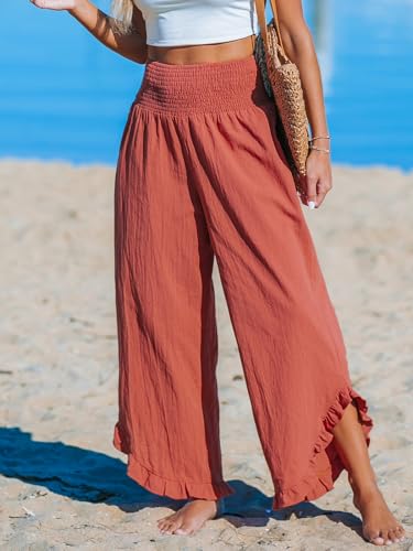 CUPSHE Women Pants Smocked Waist Straight Leg Ruffle Cuffs Loose Fit Pant Casual Beach4
