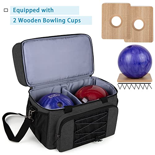 DSLEAF Bowling Bag for 2 Balls, Bowling Tote with Wooden Bowling Cups and Padded Divider for Double Ball and A Pair of Bowling Shoes Up to Mens 16 and Extra Essentials (Patent Design), Bag Only