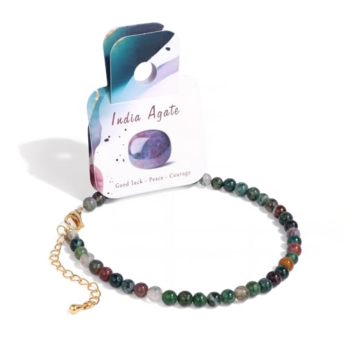 Bolinailo Natural Stone Beaded Anklets for Women, Handmade Boho Indian Agate 4mm Beaded Anklets, Gold Chain Adjustable Ankles Bracelet, Beach Summer Jewelry Gift