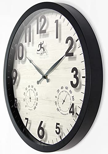 Concordia 17.5-Inch Indoor/Outdoor Waterproof Wall Clock With Built-In Hygrometer & Thermometer. Light Wood Clock Face With Black Frame, Silent Battery Operated, Round Clock Wall Decor For Patio/Home #TOP2