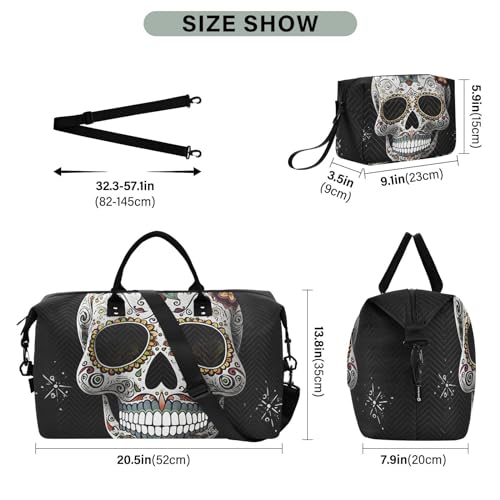 Large Travel Duffel Bag, White and Mexican Skull Sports Tote Gym Bag, Shoulder Weekender Overnight Bag for Women Men, Carry On Luggage with Toiletry Bags3