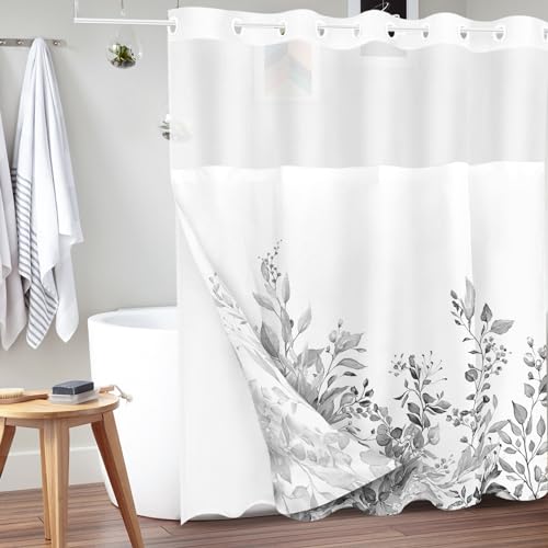 Tititex No Hooks Snap in Liner Grey Eucalyptus Leaves Shower Curtain Sets, Hotel Luxury Double Layers Waterproof Fabric & See-Through Top Window Bathroom Decorative 72x72 Inch - Thumbnail 2