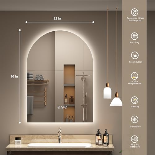 Image of 22x30 Inch Arched Backlit LED Mirror for Bathroom | Arch Lighted Vanity Mirror, Dimmable, Shatter-Proof, Anti-Fog, 3 Colors, Memory, ETL Listed
