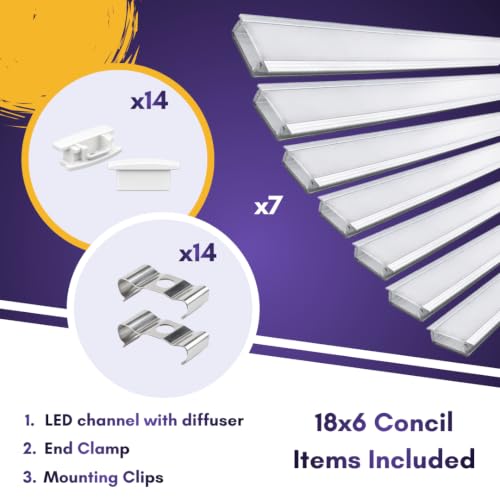 Image of Lighting 18x6mm LED Strip Lights 1 Meter Aluminium Rectangular Concealed Profile Light Channels with Diffused Cover, End Caps and Mounting Clips Without LED Straight Linear, (Pack of 7)