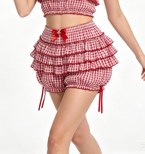 Image of Women Layered Gingham Shorts Cute Bloomers Plaid Shorts | Gingham Ruffle Shorts, Polka Dot Mini Bloomer Shorts, Micro Boyshorts, Tiered, Checkered, Lolita Outfits, Going Out