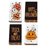 Artoid Mode Pumpkin Happy Halloween Kitchen Towels Dish Towels, 18x26 Inch Trick Or Treat Jack-O'-Lantern Decoration Hand Towels Set of 4