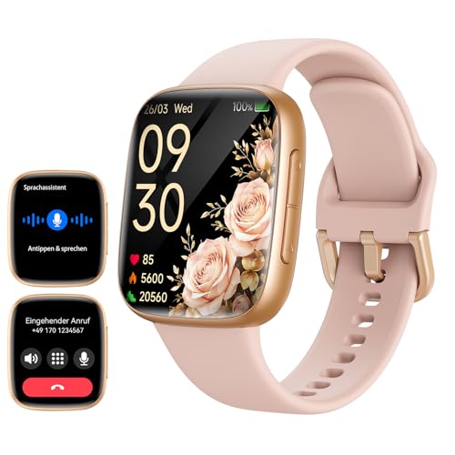 Smartwatch Damen mit Bluetooth Anrufe & KI, 1,85″ AMOLED Touchscreen Fitnessuhr mit Herzfrequenz,SpO2,Schlaf- und Frauenzyklus-Tracking,100+ Sportmodi,3ATM Wasserdicht Smart Watch für iOS & Android