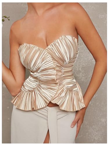 WDIRARA Women's Pleated Strapless Satin Tube Top Party Cocktail Sleeveless Bandeau Tops3