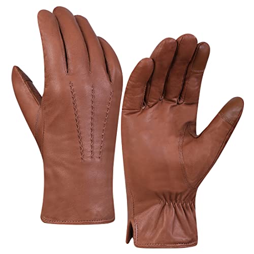Harssidanzar Herren Lederhandschuhe Fleecefutter Touchscreen GM040EU,Hellbraun,L