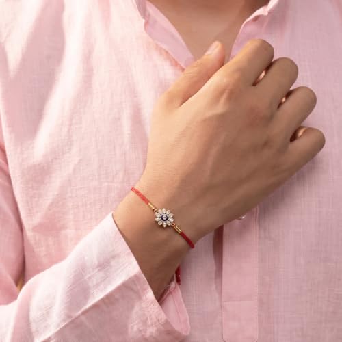 Image of PALMONAS Demifine 18K Gold Plated Evil Eye Rakhi for Brother - Waterproof & Anti-Tarnish Designer Rakhi for Men | Premium Raksha Bandhan Rakhee with Roli Chawal