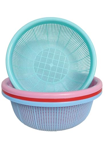Image of 4 pcs Plastic Wash Basket Round Perforated Colander Wash Vegetables and Fruits Drain Cooked Pasta Kitchen Essentials Food Strainer Basket Strainer Kitchen Blue pink green red