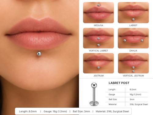 Image of Monster Piercing G23 Titanium Labret Stud, Internally Threaded, Plain Ball Top, Flat Back, 16G, 6mm /8mm /10mm - Sold as single piece
