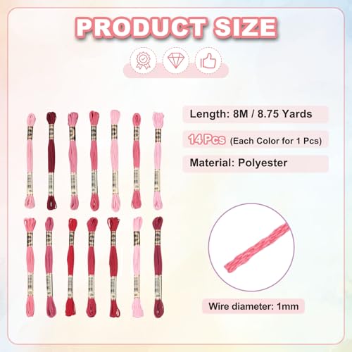 Image of PATIKIL 14 Skeins Embroidery Floss, Polyester Embroidery Threads Bracelets String for Cross-Stitch Hand Embroidery, Multicolored Dark Red Pink