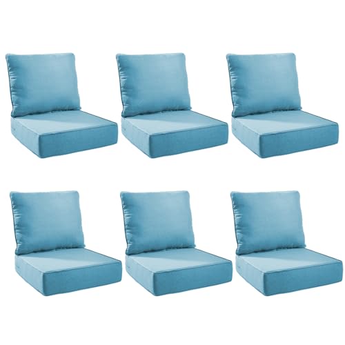 Image of Outdoor Cushion Set for Patio Furniture, UV Resistant, Water Resistant - 6 Inch Thick Foam Garden Cushions- 24x24 Inch Patio Seat Covers for Chair /Sofa /Couch | Light Blue | 6-Pack |