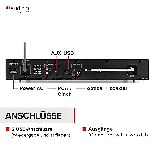 Audizio Adria HiFi-Tuner, Internet Radio, Spotify Player, WLAN Internetradio, Radio mit DAB+ und Bluetooth, UKW Tuner, USB, AUX, RCA Out, Optical, Wecker, Fernbedienung, Schwarz – Bild 7