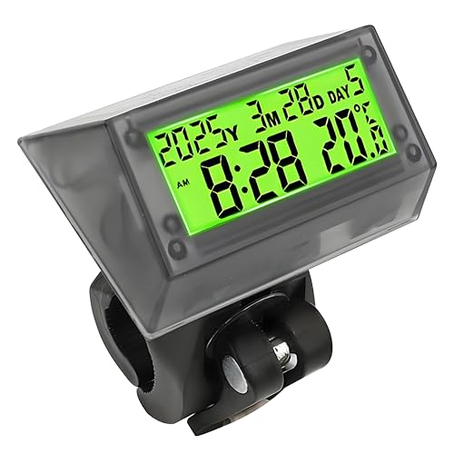 Auto Horloge LCD solaire - Horloge numérique multifonctionnelle, étanche et antichoc, avec heure, date, semaine, température et support de poignée pour...