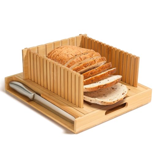 RYTOXILO Bread Slicer for Homemade Bread, Bamboo Sourdough Bread Cutter for Sourdough Rounds with Stainless Knife, Adjustable Manual Bread Slicer Machine, Bread Cutting Board with Crumb Tray