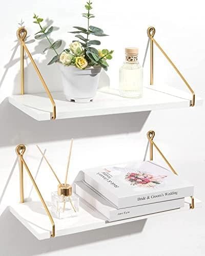 Image of Wall Shelf for Living Room, Wood Hanging Storage Organizer with Metallic Gold and Black Accents, Modern Wall-Mounted Decorative Floating Shelves for Bedroom, Office, or Entryway (White)