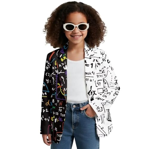 Hresuewn Math Formula Graphic Blazer Jacket for Girls Long Sleeve Formal Suit Coat Casual Suit Jacket Wedding Open Front Dress Tops with Pocket 6Y