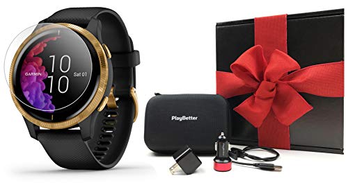 Garmin Venu (Black/Gold) Fitness GPS Smartwatch Gift Box Bundle | +HD Screen Protectors, Car/Wall Adapters & Hard Case | All-Day Tracking, Wrist-Based HR, AMOLED Display