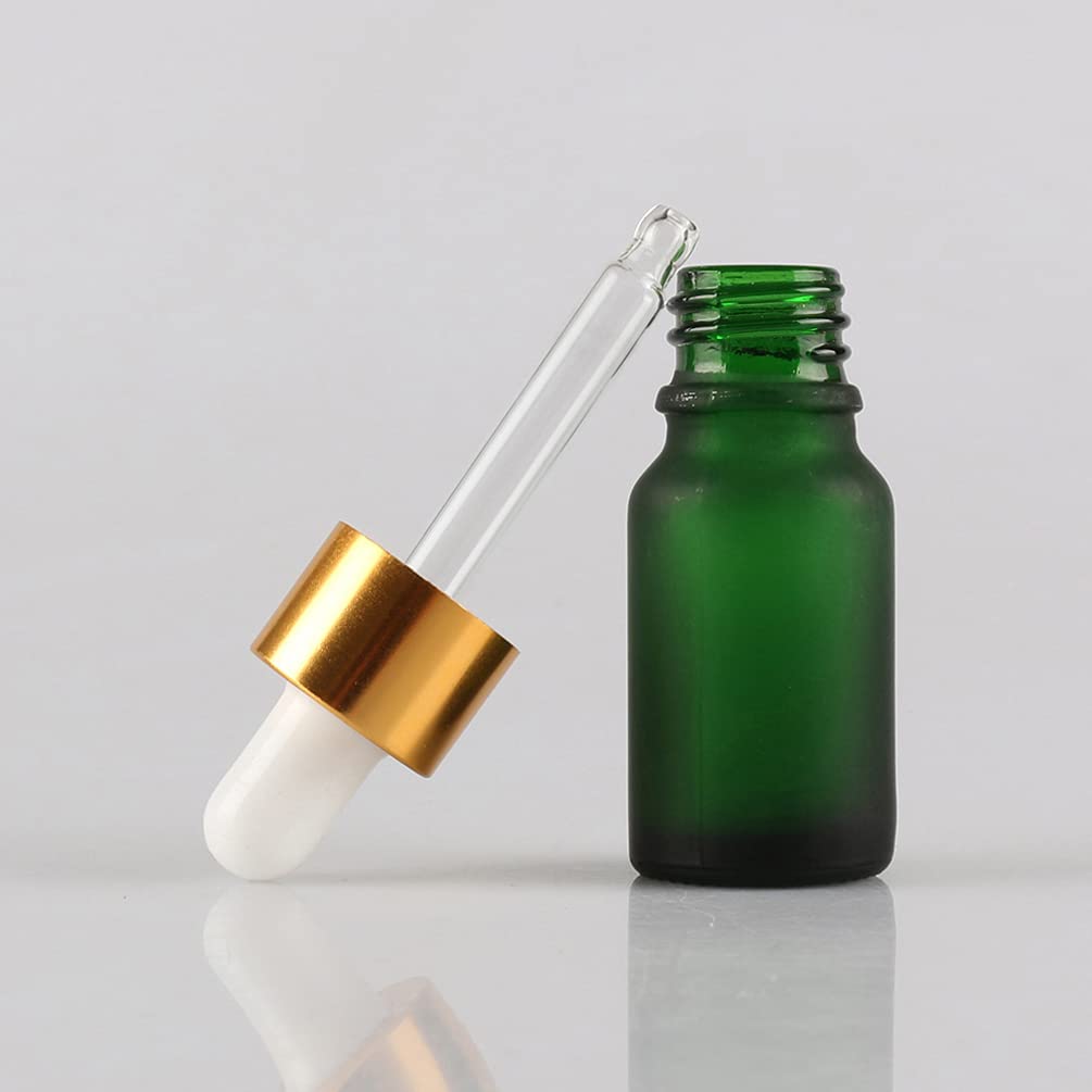 24 Pieza 10ml Verde mate Botellas de Cristal con Pipeta, 10 ml Frasco Cuentagotas Cristal con Tapón de Rosca Oro, Botella de Vidrio con Cuentagotas para Aceite Esencial Aromaterapia