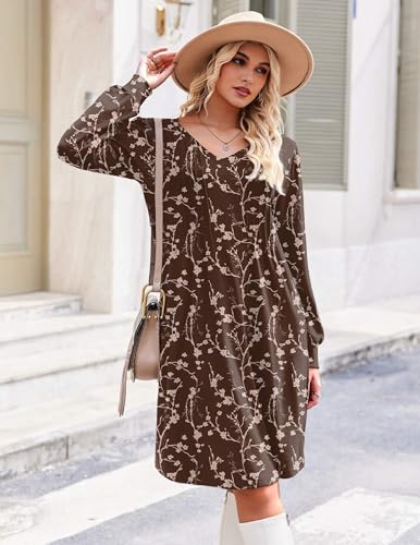 Zeagoo Fall Dresses for Women Long Sleeve Casual Pleated V Neck Dress 2025 A Line Tunic Dress3