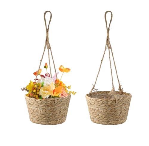 2PCS Hanging Basket Natural Seagrass Hanging Basket with Jute Rope, Foldable Seagrass Macrame Planter for Succulents, Indoor & Outdoor Decor, Khaki