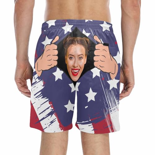 YDQHLQW Custom Men's Swim Trunks with Faces，Custom Swim Trunks Tropical Floral Personalized Board Shorts with USA Flag
