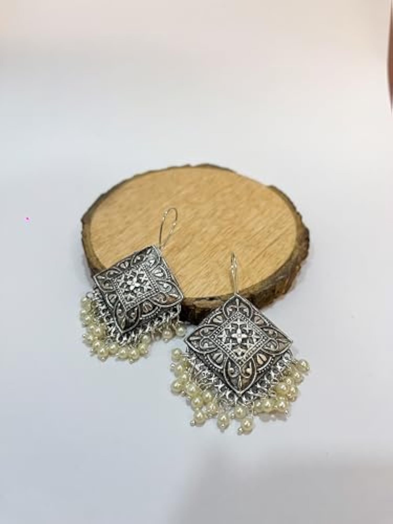 Women's Silver Oxidised Diamond Shape Jhumka Earrings