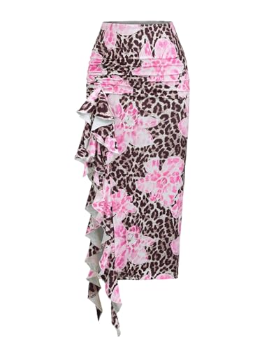 Verdusa Women's Leopard Floral Thigh Slit Bodycon Skirt Boho Vacation Long Skirts Concert Outfits