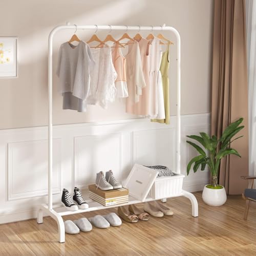 Image of Mevigo Heavy Duty Metal Clothing Rack with Storage Shelf | Freestanding Garment Organizer for Clothes, Shoes & Bags | Modern Wardrobe Rack for Bedroom, Entryway & Laundry Room (Bright-White, 2-Tier)