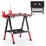 TANGZON Folding Workbench, Height Adjustable Flip-Top Work Bench Saw Horse Workstation with 4 Clamp Dogs & 2 Quick Clamps, Portable Heavy Duty Work Table Tool Stand (Red, 70 x 65 x 60-91cm)