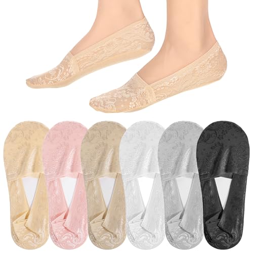 Yuanchu 6 Pairs Women No Show Lace Boat Socks, Cotton Invisible Non-slip Ankle Socks Multicolor Ultra Low Cut Liner Socks
